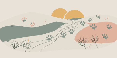 Natures Canvas A wide view showing various animal tracks across a sandy landscape with Therians in the background celebrating their connection with nature.