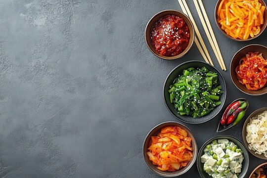 Korean food chopsticks on gray table with assorted side dishes