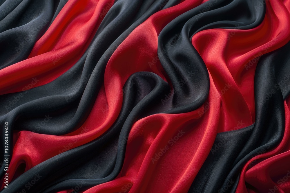 Poster abstract image of black and red fabric with flowing lines and curves.