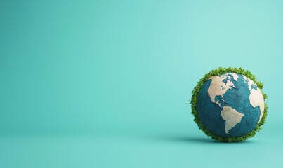 Globe surrounded by lush greenery, representing environmental awareness and sustainability, against a teal backdrop.