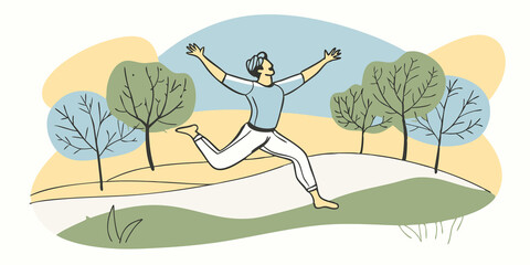 Morning Stretch Leap A therian in vibrant attire performing a dynamic leap with arms stretched wide surrounded by trees and soft grass.