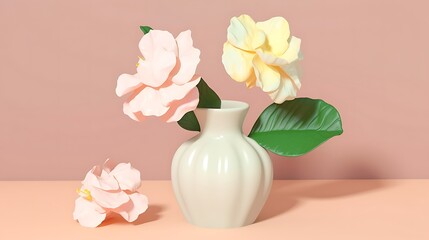 Obraz premium Pastel Pink and Yellow Flowers in a White Vase