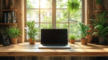 Fototapeta premium Laptop on a wooden desk in a rustic home office with plants and a window.