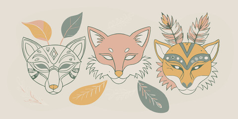 Mask Showcase A section of the market with a table showcasing masks of different animal designs including foxes wolves and big cats. The masks are intricately decorated with