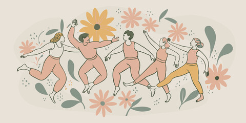 Group Dynamics A circle of youths engaging in a synchronized quadrupedal dance their movements flowing together in harmony with vibrant flowers blooming around them.
