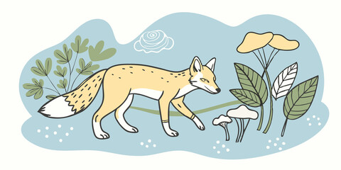 Fungal Foraging Therians foraging for mushrooms and herbs a lush undergrowth one resembling a fox crouching low blending both survival and natural instincts.