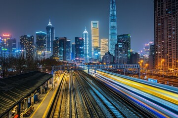 Fototapeta premium A high-speed train in motion, with a cityscape background of skyscrapers at night. The long exposure creates blurred light trails on the tracks, with a combination of blue and yellow tones