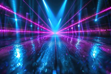 Blue and violet beams of bright laser light shining on black background