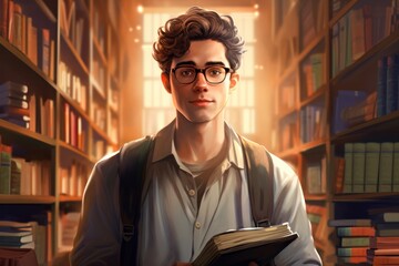 A young student wearing glasses stands confidently in a university library, holding a stack of books close to their chest, with academic texts in the background