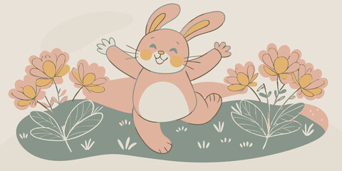 Fototapeta premium Energetic Bunny A person in a fluffy bunny suit hopping around happily in a vibrant garden filled with flowers highlighting a sense of playfulness and joy.