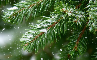 Obraz premium Pine Needle Background A close-up of layered pine needles creating a dense green background, with small touches of snow -