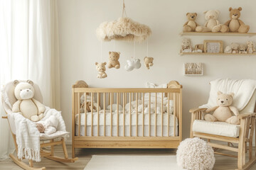 A cozy kids nursery features a soft pastel color palette, a wooden crib with an animal-themed mobile, and plush toys neatly arranged on a shelf, creating a welcoming atmosphere