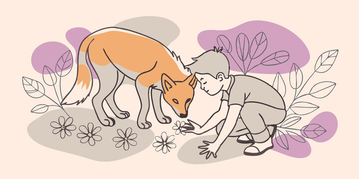 Curious Sniffing A youth bending down sniffing the ground with a foxlike curiosity surrounded by stylized paw prints and flowers.