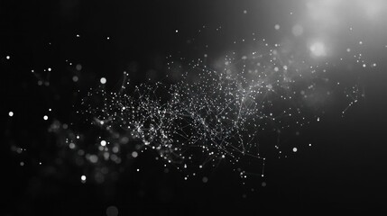 Abstract black and white background with glowing particles and lines, creating a futuristic and technological feel.