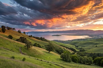 Fototapeta premium Captivating Landscape with Dramatic Sky at Golden Hour Emphasizing Rule of Thirds Composition for Nature Photography Enthusiasts
