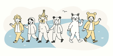 Costume Parade A small parade of youths walking along a park path showcasing their detailed animal costumes with onlookers smiling and cheering in the background.