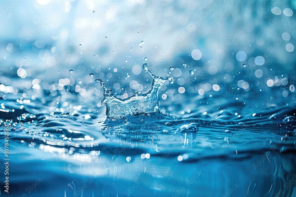 Poster a single water drop creates a splash with a bokeh background.