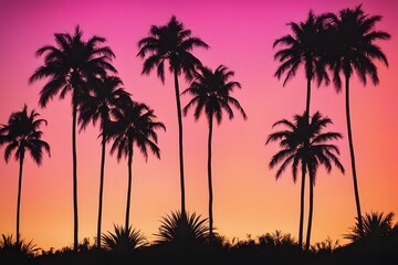 Obraz premium Palm trees silhouetted against a bright gradient of yellow orange and pink, Ai Generated