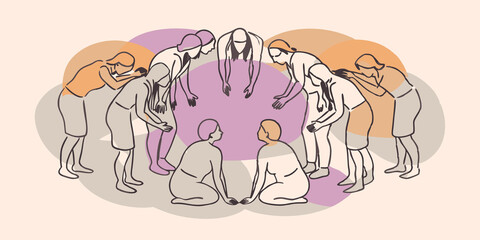 Fototapeta premium Circle of Trust Therians forming a circle with their heads bowed together symbolizing trust and communication within the pack through body language.