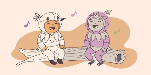 Chirpy Crew A duo of children perched on a fallen log one pretending to chirp like a bird wearing a colorful beak costume while the other laughs and imitates a squirrel.