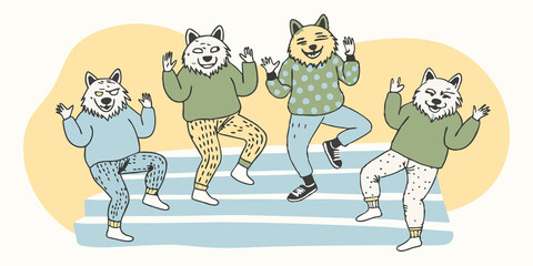 Chill Out Pose A group of dancers hanging out on the steps of a building laughing and interacting while showcasing their wolfinspired accessories like beanies and printed leggings