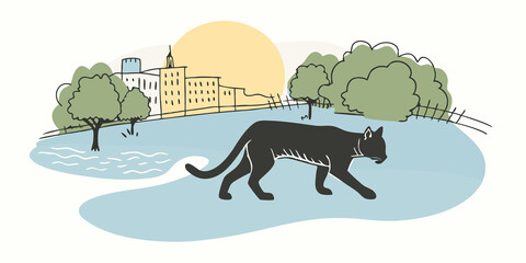 Chasing Shadows A catlike Therian prowling along the edge of the river weaving through shadows cast by trees and buildings exhibiting stealth and grace.