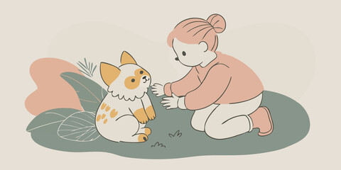 Obraz premium Charming Companion A child with gentle pastelcolored claws and soft animal ears kneeling down to pet a small plush animal illustrating the playful side of animal cosplay.