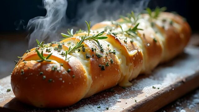 Garlic Herb Bread with Rosemary, Steam and Flour