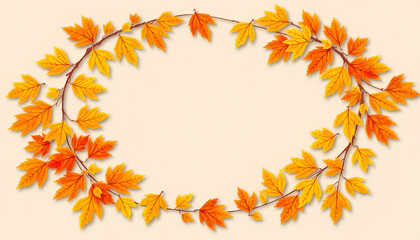 Obraz premium Oval frame made of autumn oak leaves in warm orange and yellow tones. Vector illustration. 