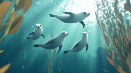 Four playful harbor seals swim in a kelp forest, sunlight streaming down from above.