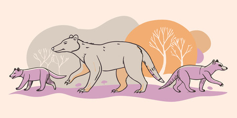 Bear Walk A beartherian is demonstrating how to walk on all fours while others watch and try to mimic the lumbering gait in a forest setting.