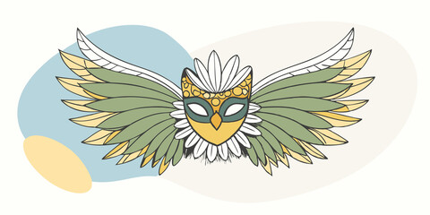 Obraz premium A whimsical costume inspired by tropical birds featuring a bright yellow and orange feathered mask paired with oversized wings that resemble a parrots feathers.