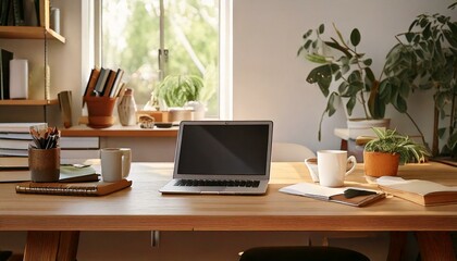 Organized Workspace with Coffee Mug, Laptop, and Open Notebook on a Clean Desk