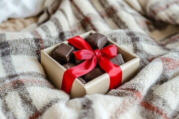 Cozy Gift of Chocolates Wrapped with a Bright Red Ribbon on a Soft Blanket for a Sweet Treat During Winter or a Special Occasion