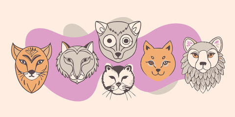 Animal Masks Display A closeup view of a variety of painted animal masks hanging on a colorful wall showcasing different designs such as lions owls and foxes.