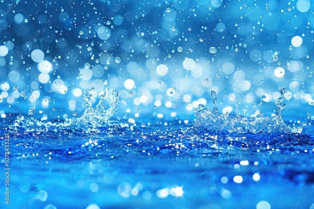 Poster water droplets splash and create a ripple effect on blue surface with bokeh background.