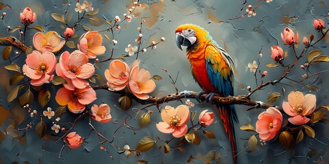Beautiful macaw sitting on a branch with flowers. Painting