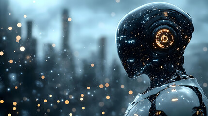 Futuristic Cyborg in Cityscape 3D Illustration