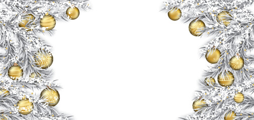 Cover mit gefrorenen Tannenzweigen und goldenen Weihnachtskugeln in der Mitte Textfreiraum
