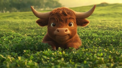 Adorable 3d bull with velvety chocolate coat in a lush green field for animated design