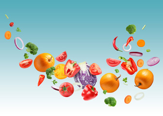 Many different fresh vegetables in air on blue gradient background