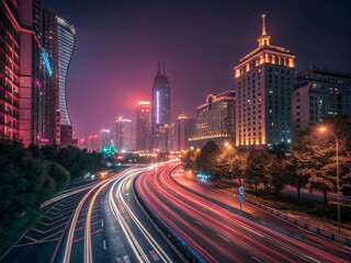 Fototapeta premium Captivating Long Exposure Photography of Urban Nightscape with Bright Neon Lights and Dynamic Traffic Trails Creating a Mesmerizing Visual Experience