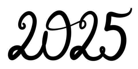 The number 2025, handwritten in elegant cursive, is isolated on a transparent background. New year 2025. Vector illustration