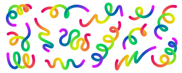 Vibrant rainbow gradient serpentines isolated on a transparent background. Abstract handdrawn lines and patterns. Vector illustration