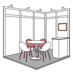 Bright White Exhibition Stand with Round Tables and Upholstered Chairs for Comfortable Conversations