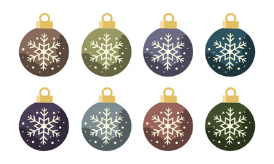 Christmas Balls Set of colourful Christmas tree balls Christmas balls with snowflakes isolated on white background for festive season Vector Illustration