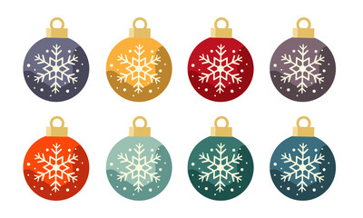 Set of colourful Christmas tree balls Christmas balls with snowflakes isolated on white background for festive season Vector Illustration