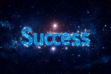 Glowing blue letters spell 'Success' word, against a starry cosmic backdrop.