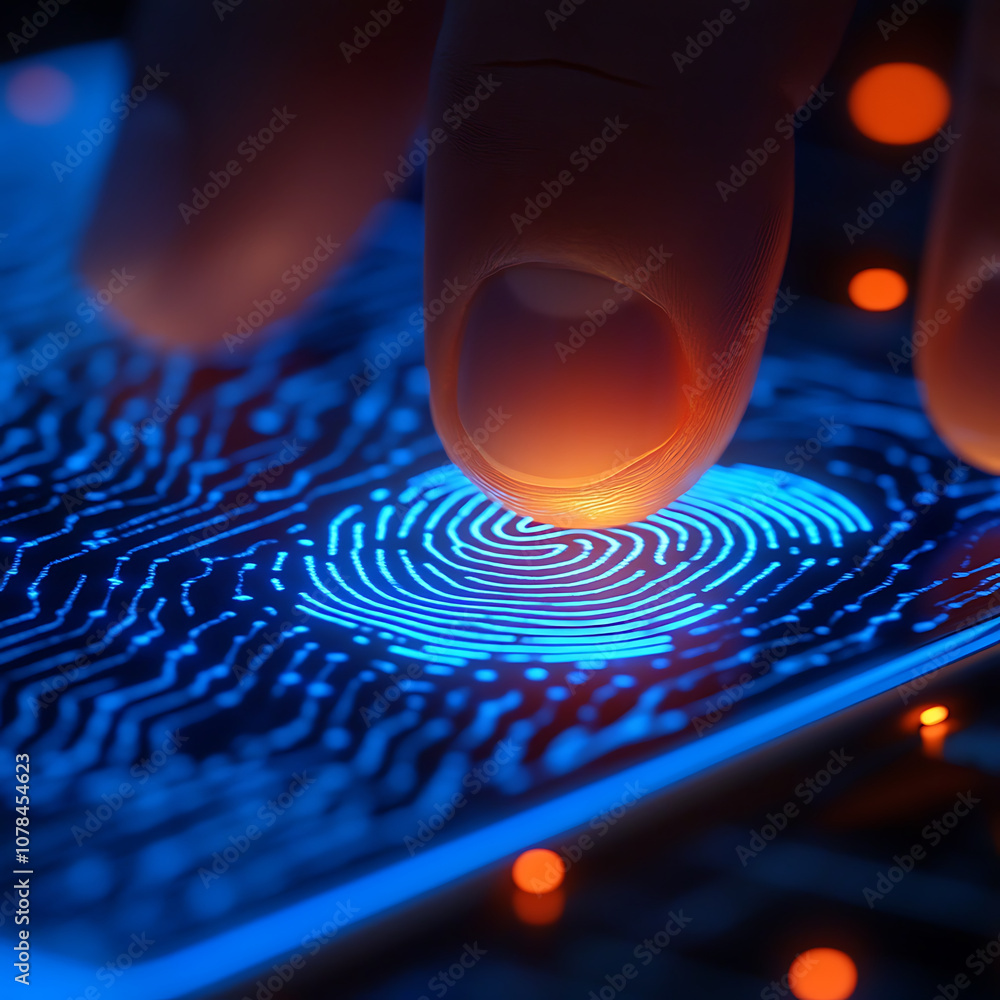 Poster close up of finger scanning digital fingerprint on smartphone screen, showcasing advanced biometric 