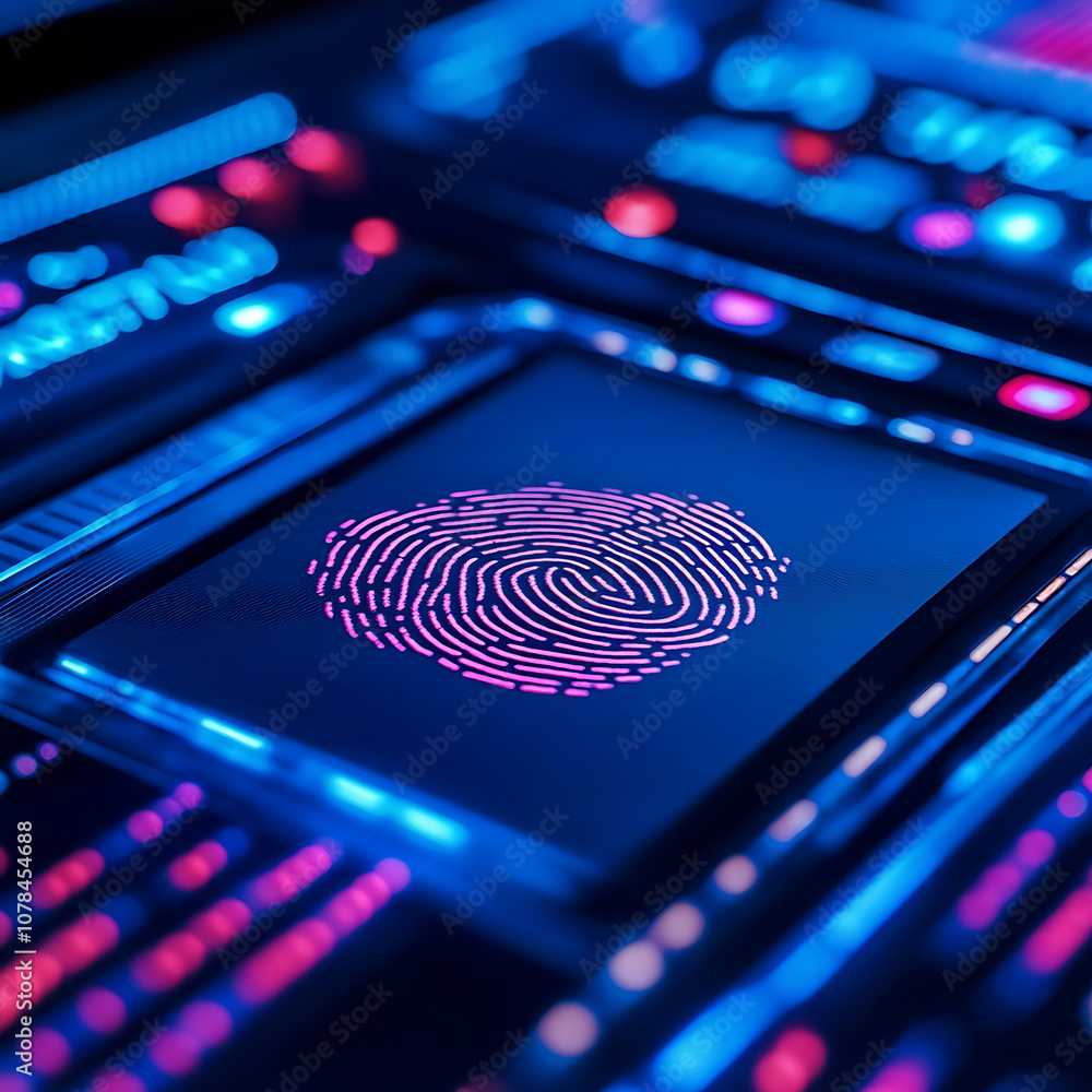 Poster close up of digital wallet featuring fingerprint scanner, showcasing vibrant neon colors and intrica